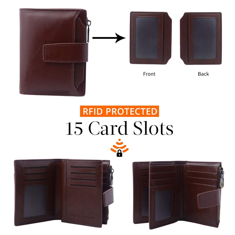 Bveyzi Women's Small Leather RFID Blocking Bifold Zipper Pocket Wallet Ladies Credit Card Slots Purse with id Window(Coffee) - Image 3